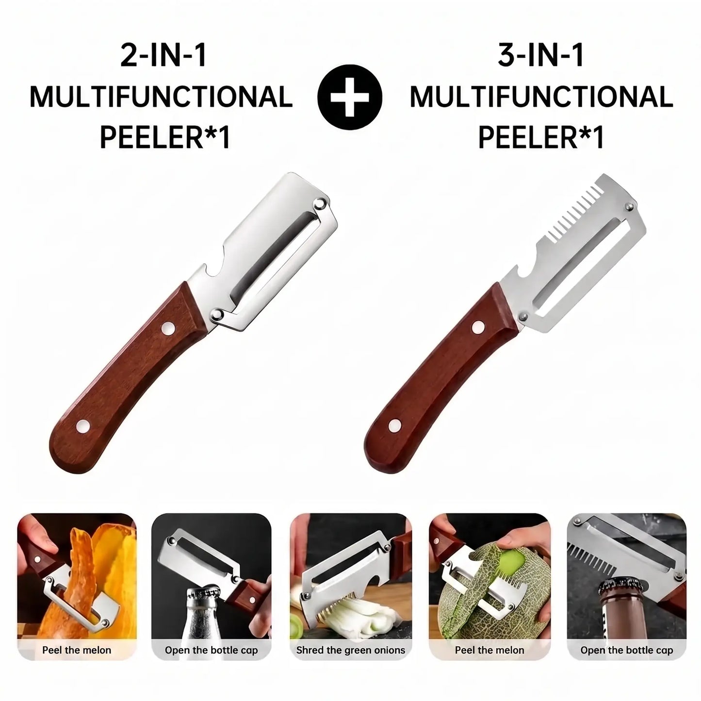 Stainless Steel Vegetable Peeler with Wooden Handle – Multi-Functional Peeler & Bottle Opener