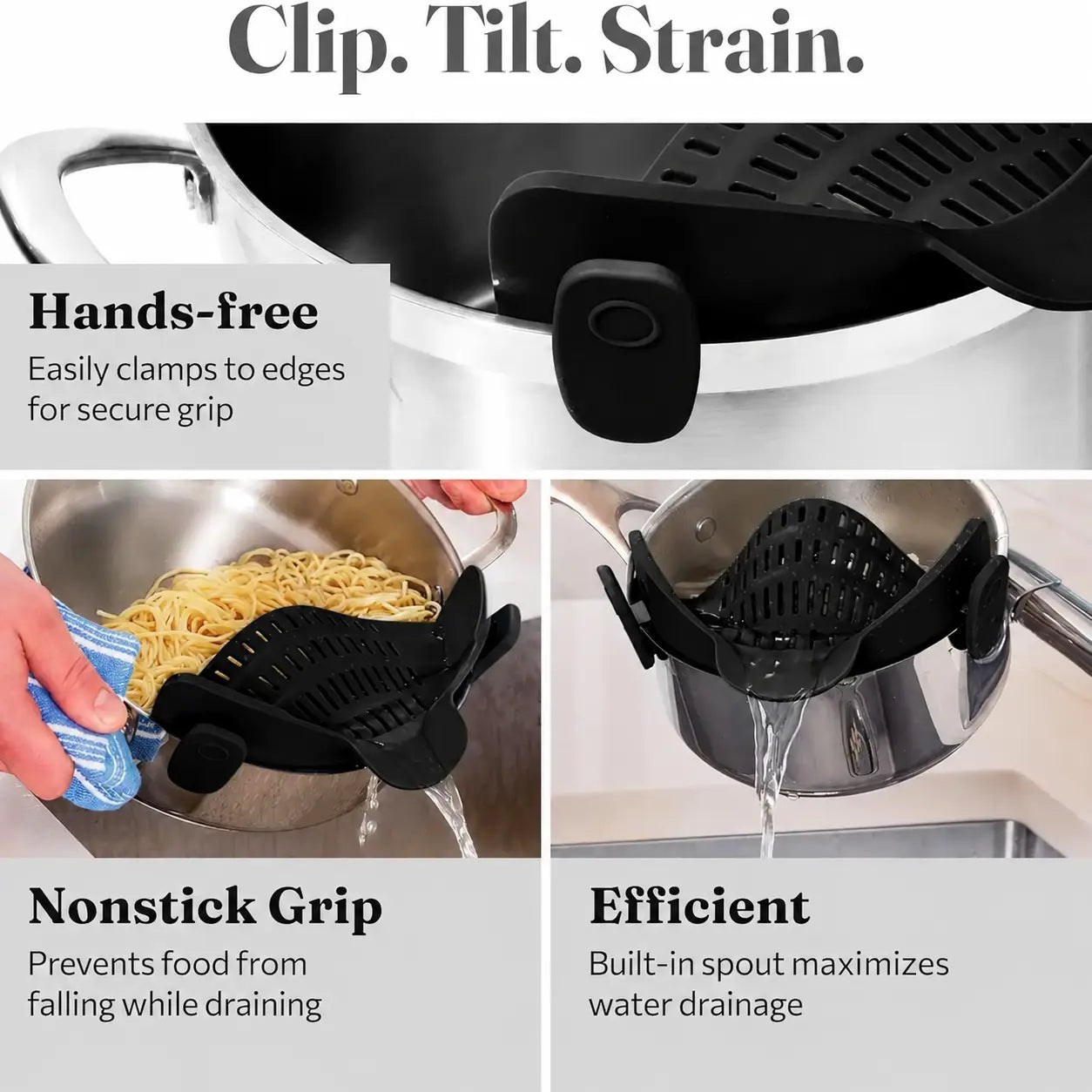 Silicone Clip-On Pot Strainer – Adjustable Kitchen Colander for Pasta, Vegetables & More