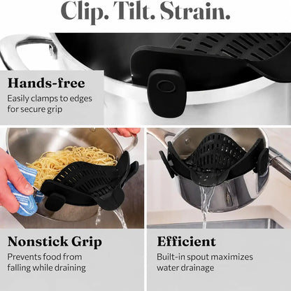 Silicone Clip-On Pot Strainer – Adjustable Kitchen Colander for Pasta, Vegetables & More