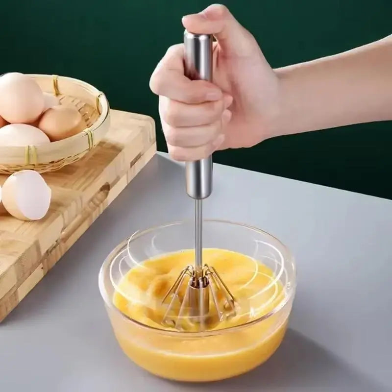 Push-Action Stainless Steel Whisk – Manual Rotary Egg Beater & Mixer for Kitchen Cooking and Baking