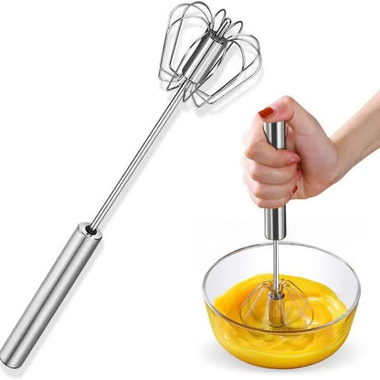 Push-Action Stainless Steel Whisk – Manual Rotary Egg Beater & Mixer for Kitchen Cooking and Baking