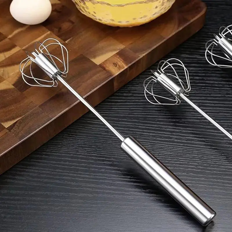 Push-Action Stainless Steel Whisk – Manual Rotary Egg Beater & Mixer for Kitchen Cooking and Baking