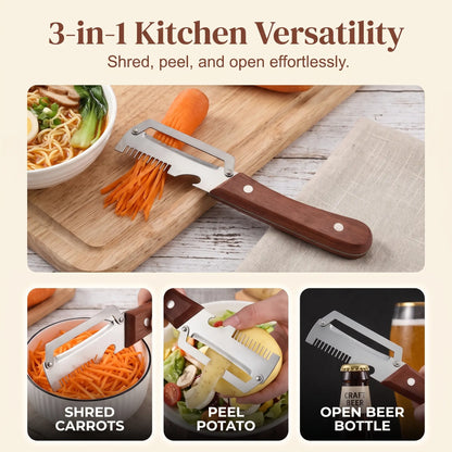 Stainless Steel Vegetable Peeler with Wooden Handle – Multi-Functional Peeler & Bottle Opener