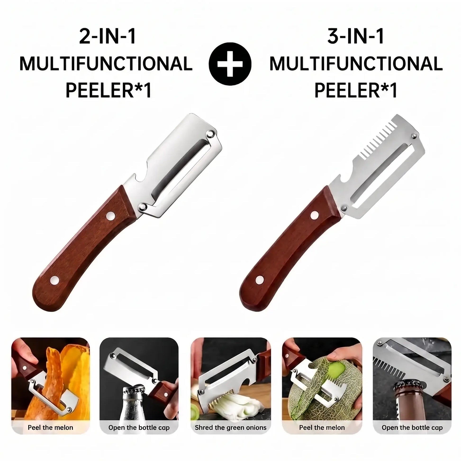 Stainless Steel Vegetable Peeler with Wooden Handle – Multi-Functional Peeler & Bottle Opener
