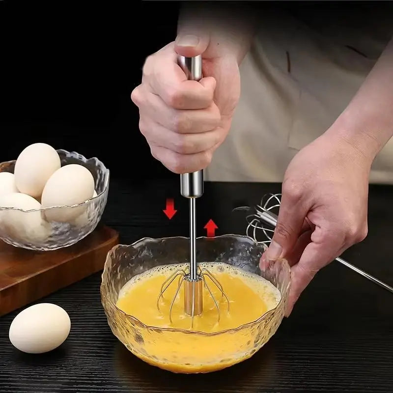 Push-Action Stainless Steel Whisk – Manual Rotary Egg Beater & Mixer for Kitchen Cooking and Baking