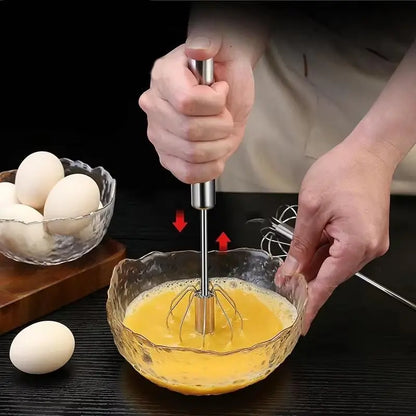 Push-Action Stainless Steel Whisk – Manual Rotary Egg Beater & Mixer for Kitchen Cooking and Baking