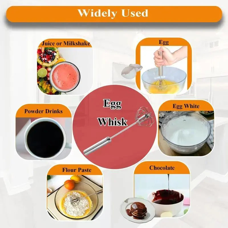 Push-Action Stainless Steel Whisk – Manual Rotary Egg Beater & Mixer for Kitchen Cooking and Baking