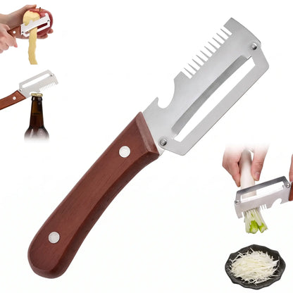 Stainless Steel Vegetable Peeler with Wooden Handle – Multi-Functional Peeler & Bottle Opener