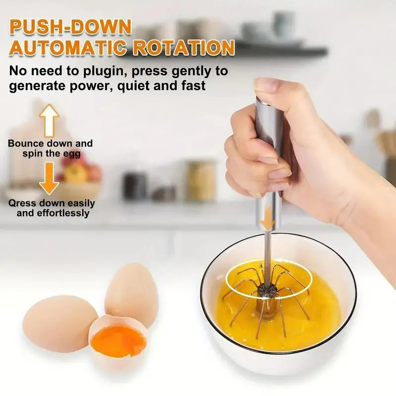 Push-Action Stainless Steel Whisk – Manual Rotary Egg Beater & Mixer for Kitchen Cooking and Baking