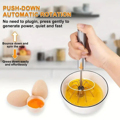 Push-Action Stainless Steel Whisk – Manual Rotary Egg Beater & Mixer for Kitchen Cooking and Baking
